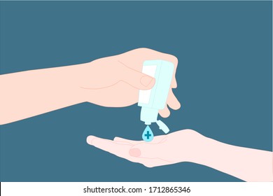 The above male hand is holding hand sanitizer with drop and female hand is below. hand disinfectant. coronavirus or covid-19 prevention info for public : Use sanitizer. Sharing concept.