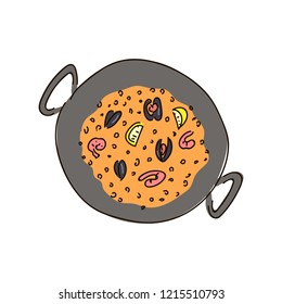 From above paella dish in a pot containing rice and vegetables with seafood. Copy space.