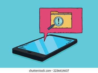 Above the phone lying down, there is a cloud, along with a folder and with an eyepiece glass and an exclamation mark to inform of the danger. Vector hand drawn illustration.