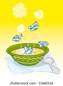 Above a plate with hot soup turn some small planes (vector)