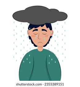 Sobre el triste joven cuelga una nube gris de la que llueve. Depresión de la salud mental.