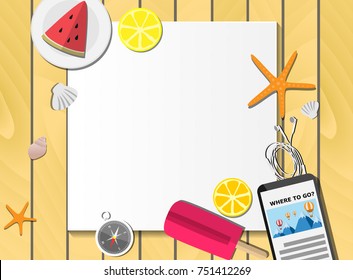 Above top view of wooden table with empty paper for text and stuff as a frame - mobile phone, ice cream, lemon, water melon, star fish, compass, and sea shell