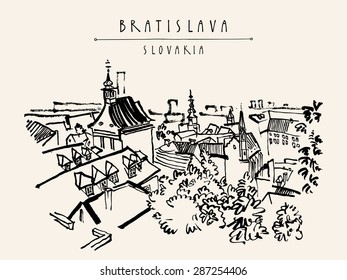 Above view of Bratislava, Slovakia, Europe. Vector artistic illustration. Travel postcard template with Bratislava, Slovakia hand lettering. Retro style sketch. Belfry, roofs, trees, sky