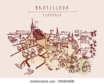 Above view of Bratislava, Slovakia, Europe. Vector artistic illustration. Travel postcard template with Bratislava, Slovakia hand lettering. Retro style sketch. Belfry, roofs, trees, sky