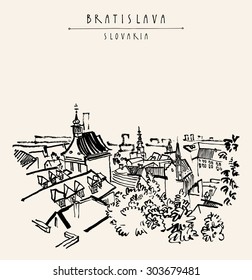 Above view of Bratislava, Slovakia, Europe. Vector artistic illustration. Travel postcard template with Bratislava, Slovakia hand lettering. Retro style sketch. Belfry, roofs, trees, sky