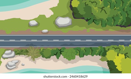 Above view of empty asphalt road path. Cutting through a natural forest area. There are sea beaches on both sides.