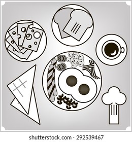 Above view of english breakfast food collection (eggs, sausages, beans, bacon and mushrooms) with cup of coffee, cheese and hot toasts.Vector illustration. Black and white. 
