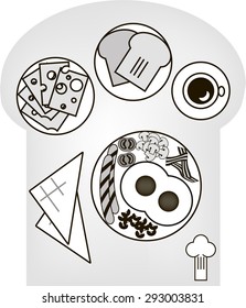 Above view of english breakfast food collection (eggs, sausages, beans, bacon and mushrooms) with cup of coffee, cheese and hot toasts.Vector illustration. Black and white.