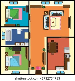 Above View Flat House Interior Design Hall Bedroom Kitchen Bathroom Top View Vector