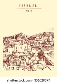 Above view of Pushkar town in Rajasthan state, India. Hand drawn artistic postcard in vector