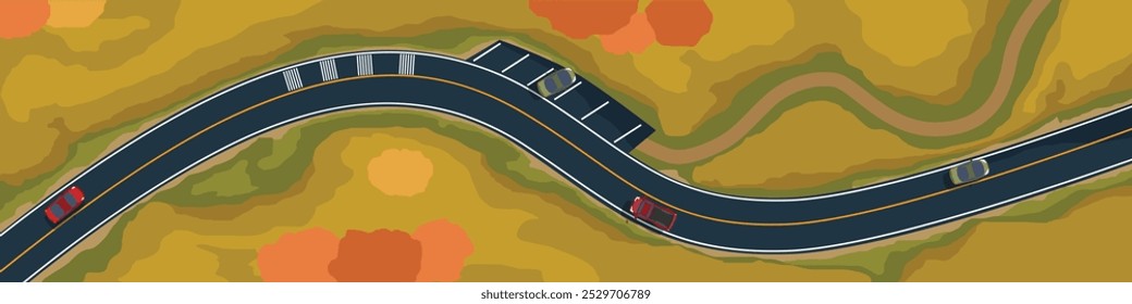 Above view of winding road with a parking lot on the side. Cars driving on asphalt road is surrounded by spring trees and Leaves. Nature trails in tourist forests.