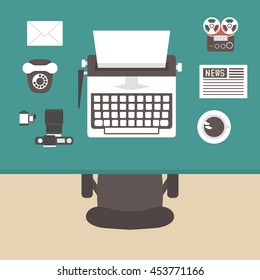 above view workplace  with designer gadget, retro style