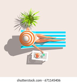 From above woman lying and relaxing on lounge with fruits and refreshing drink. Vector illustration.