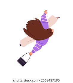 Above of young woman with hair blowing on the go carries bag in hand. Girl strolls, hurry up top view. Seen from overhead stylish female walks. Flat isolated vector illustration on white background