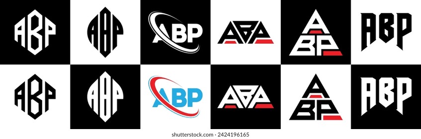 ABP letter logo design in six style. ABP polygon, circle, triangle, hexagon, flat and simple style with black and white color variation letter logo set in one artboard. ABP minimalist and classic logo