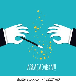Abracadabra cartoon concept. Cartoon Magicians hands in white gloves holding a magic wand with stars sparks. Abracadabra flat design on green background