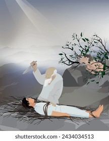 Abraham and Isaac at Mount Moria. Biblical vector illustration series, Abraham sacrificing his son as a test of faith