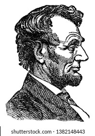 Abraham Lincoln, 1809-1865, he was an American statesman, lawyer and the sixteenth president of the United States from 1861 to 1865, vintage line drawing or engraving illustration