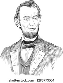 Abraham Lincoln (1809-1865) portrait in line art. He was 16th president of USA and led the US through the American Civil War, its bloodiest war and greatest moral, constitutional and political crisis.