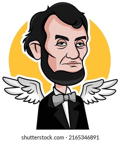 Abraham Lincoln with angel wings Vector, Portrait of the 16th American president, Colored illustration of Abraham Lincoln portrait. Republic of USA's leader. Angel Abraham Lincoln cartoon design.