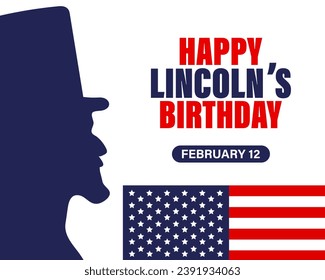 Cartel de cumpleaños de Abraham Lincoln con el perfil de Lincoln contra el fondo de la bandera de Estados Unidos. Afiche de vacaciones, vector