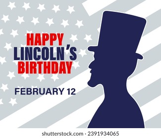 Cartel de cumpleaños de Abraham Lincoln con el perfil de Lincoln contra el fondo de la bandera de Estados Unidos. Afiche de vacaciones, vector