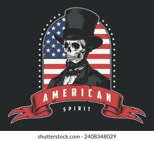 Abraham Lincoln colorful vintage poster with skeleton in hat and tuxedo near signature American spirit and patriotic flag vector illustration