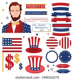 Abraham Lincoln and George Washington USA Flag  Presidents Day Badges Banners Text Frame Elements Set