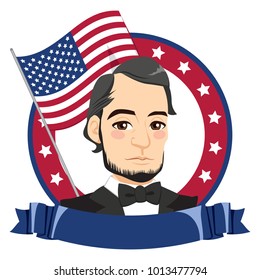 Abraham Lincoln portrait for President Day celebration with North American USA flag