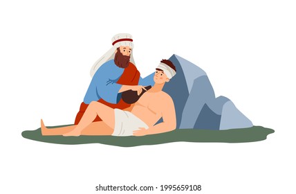 Abraham sacrifice scene of Bible, flat vector illustration isolated on white background. Old Testament religious Biblical story or narrative of Abraham and his son.