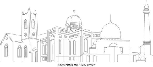 Casa abrahámica de culto - Masjid, sinagoga y línea de la iglesia Ilustración