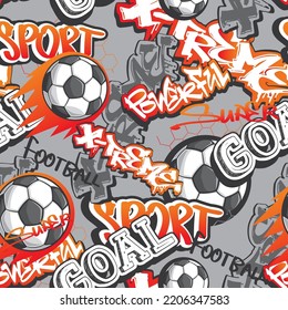 Abreact seamless football pattern with graffiti words. Repeat sport print with soccer ball, street art style words Goal, powerful, extreme.