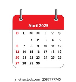 Abril 2025 calendar page isolated on a white background (trad. april)