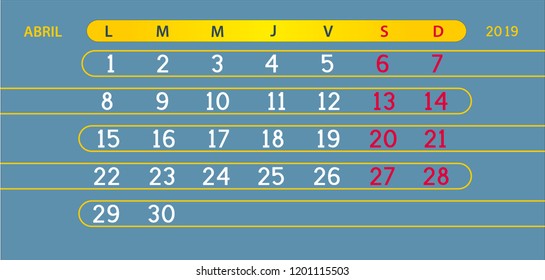 Abril ( April ) Page 04 Month Premium 2019 Year Calendar Stylish Grid Spanish Classic Style. Luxury template vector design