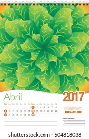 Abril -April in Spanish language- wall calendar 2017 template with abstract floral design, ready for printing. Size: 297mm x 420mm. Format vertical. Spanish version