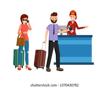 Abroad business trip flat vector illustration. Man and woman with suitcases at receptionist desk, airport departure lounge. Cartoon characters traveling, going on vacation holiday isolated clipart