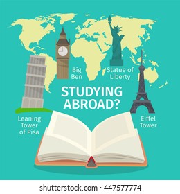 Abroad studying foreign languages concept. Colorful travel vector flat style illustration.