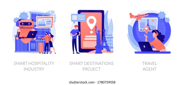 Abroad trip planning metaphors. Smart hospitality industry, destinations project, travel agent service. Booking hotel and tickets online. Vector isolated concept metaphor illustrations.