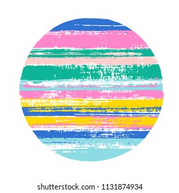 Abrupt circle vector geometric shape with stripes texture of ink horizontal lines. Disk banner with old paint texture. Emblem round shape circle logo element with grunge stripes background.