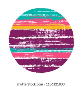 Abrupt circle vector geometric shape with stripes texture of paint horizontal lines. Old paint texture disk. Emblem round shape logotype circle with grunge stripes background.