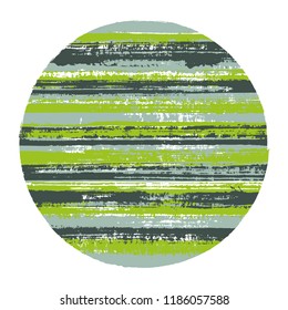 Abrupt circle vector geometric shape with striped texture of ink horizontal lines. Disc banner with old paint texture. Label round shape logotype circle with grunge background of stripes.
