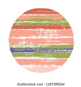 Abrupt circle vector geometric shape with stripes texture of paint horizontal lines. Old paint texture disc. Emblem round shape logotype circle with grunge stripes background.
