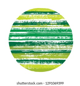 Abrupt circle vector geometric shape with striped texture of paint horizontal lines. Disc banner with old paint texture. Stamp round shape logotype circle with grunge background of stripes.