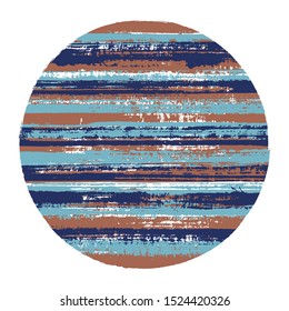 Abrupt circle vector geometric shape with striped texture of paint horizontal lines. Planet concept with old paint texture. Stamp round shape circle logo element with grunge background of stripes.
