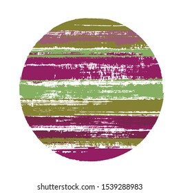 Abrupt circle vector geometric shape with stripes texture of paint horizontal lines. Disc banner with old paint texture. Emblem round shape logotype circle with grunge stripes background.