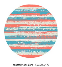 Abrupt circle vector geometric shape with striped texture of paint horizontal lines. Old paint texture disk. Badge round shape circle logo element with grunge background of stripes.