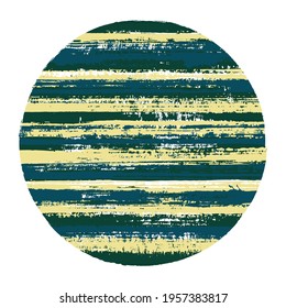 Abrupt circle vector geometric shape with striped texture of paint horizontal lines. Disc banner with old paint texture. Badge round shape logotype circle with grunge background of stripes.