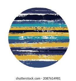 Abrupt circle vector geometric shape with stripes texture of ink horizontal lines. Old paint texture disc. Stamp round shape logotype circle with grunge stripes background.