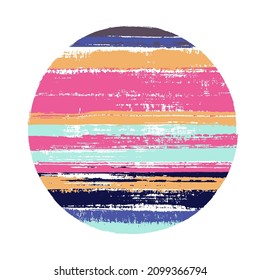Abrupt circle vector geometric shape with stripes texture of ink horizontal lines. Disc banner with old paint texture. Emblem round shape circle logo element with grunge stripes background.