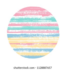 Abrupt pink blue circle vector geometric shape with striped texture of ink horizontal lines. Disk banner with old paint texture. Label round shape circle logo element with grunge background of stripes